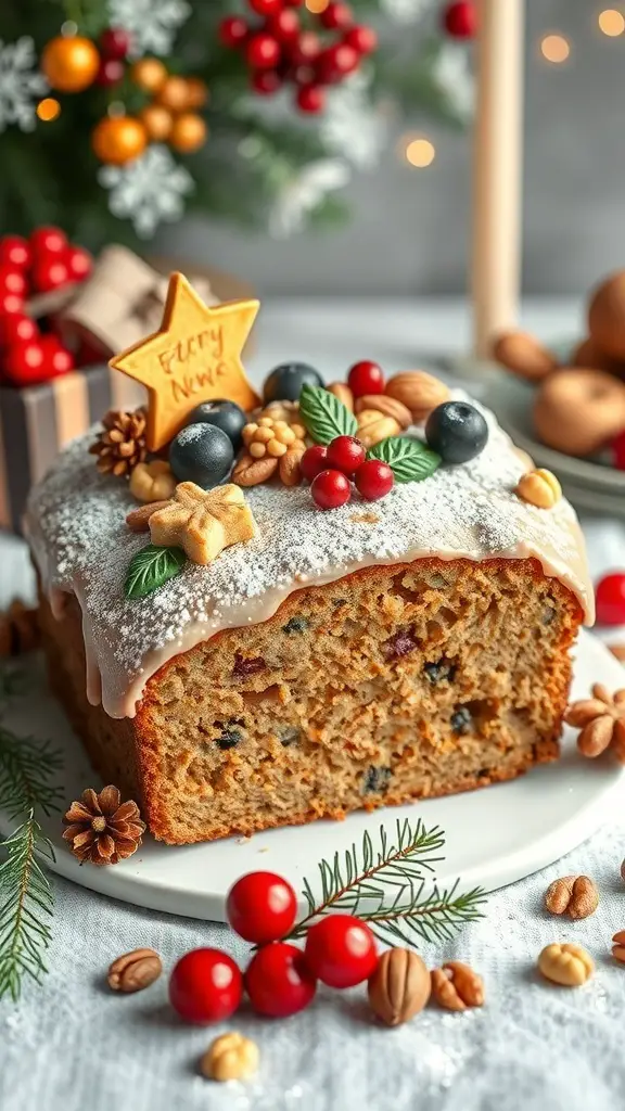 A traditional fruitcake decorated with marzipan, festive berries, and a star, set against a holiday backdrop.