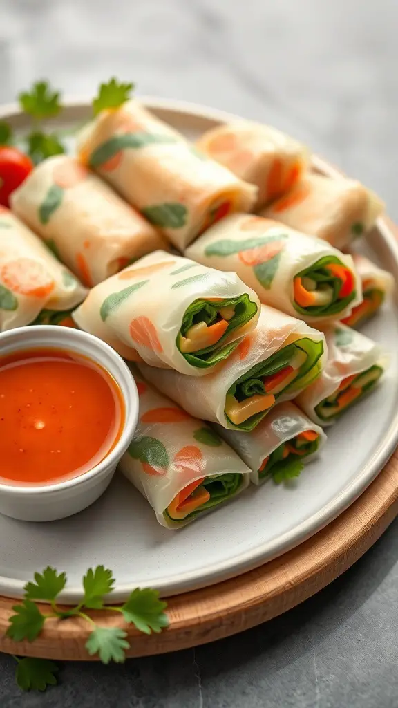 A plate of vegetable spring rolls with a small bowl of dipping sauce