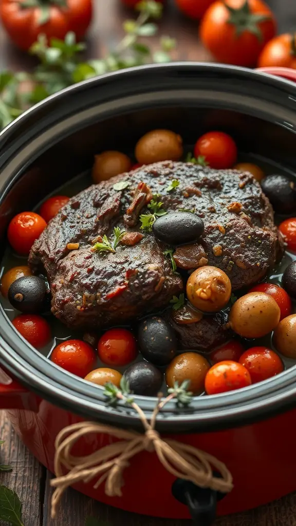 A Mediterranean style pot roast in a crock pot with cherry tomatoes and olives.
