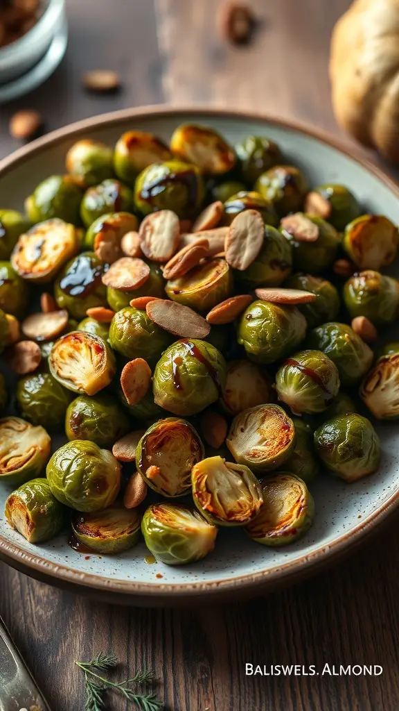 A plate of roasted Brussels sprouts with almonds and balsamic glaze.
