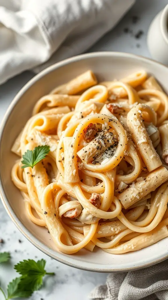 A bowl of creamy Chicken Alfredo One Pot Pasta with herbs and nuts.