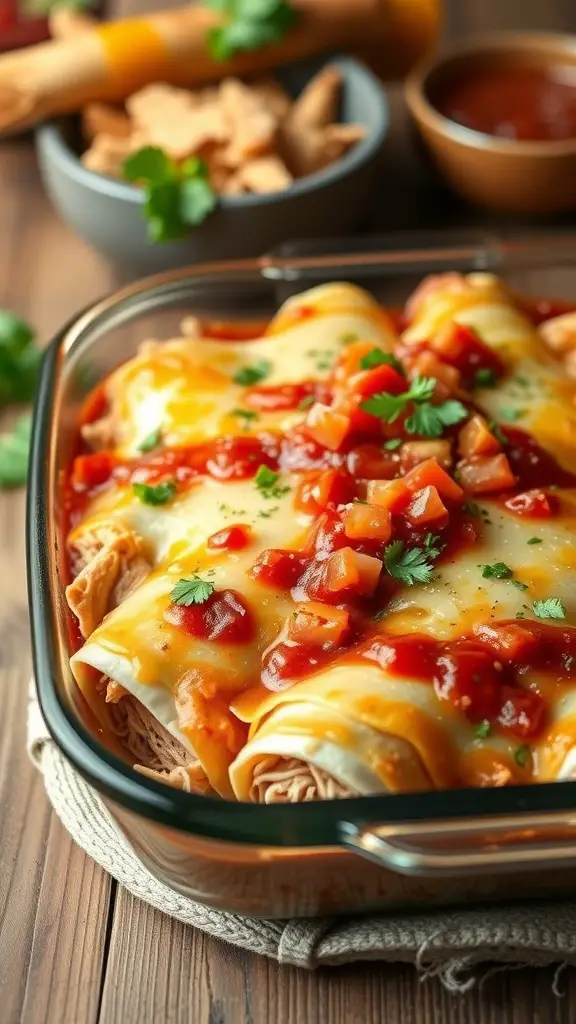 A close-up of spicy shredded turkey enchiladas topped with cheese, tomatoes, and cilantro, served in a glass baking dish.
