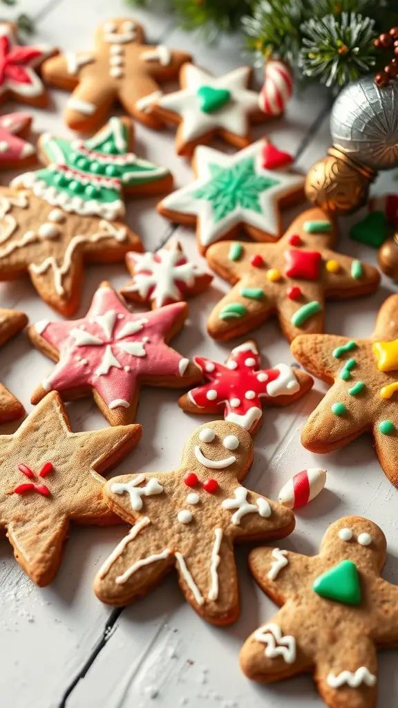 Decorated gingerbread cookies in various shapes and colors, including stars and gingerbread men, with festive decorations.