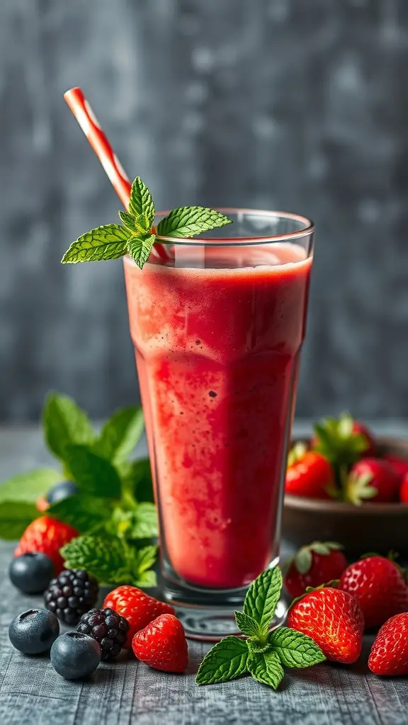 A festive Christmas fruit smoothie in a tall glass, garnished with mint leaves and surrounded by fresh berries.