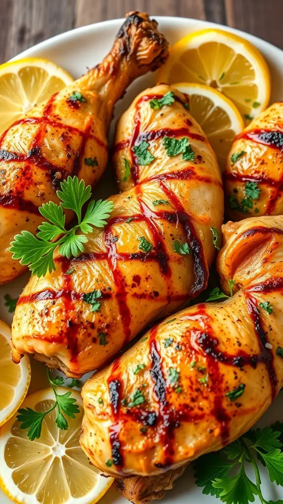 Grilled chicken pieces garnished with parsley and lemon slices on a plate.