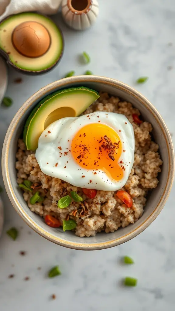 A savory oatmeal bowl topped with a poached egg, avocado slices, and garnished with green onions and spices.