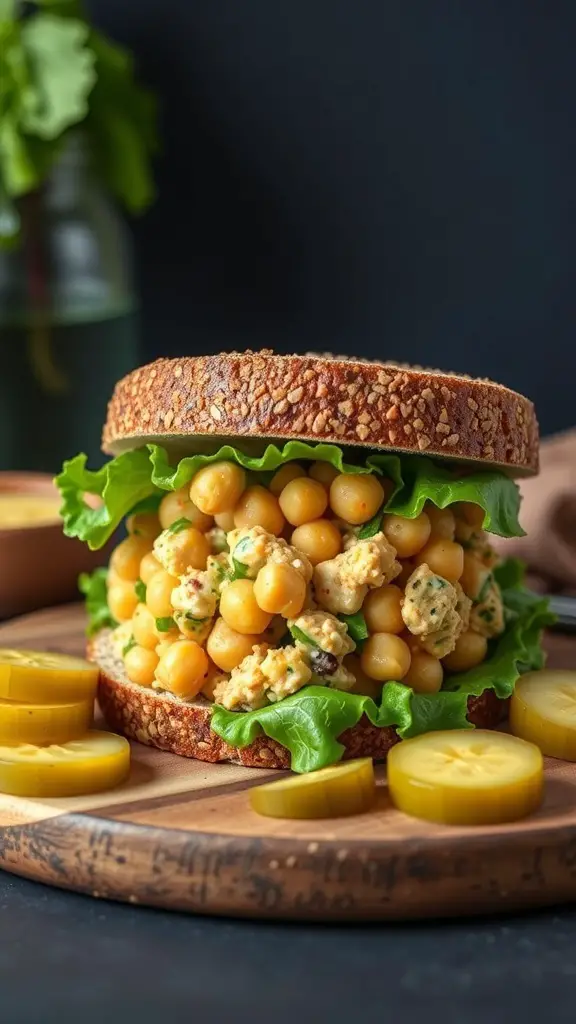 A delicious chickpea salad sandwich with lettuce on whole grain bread, served with pickles on the side.