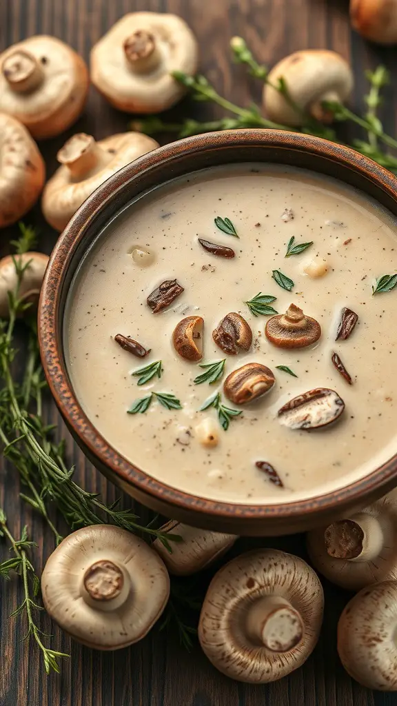 A bowl of creamy mushroom and thyme soup surrounded by fresh mushrooms and thyme sprigs.