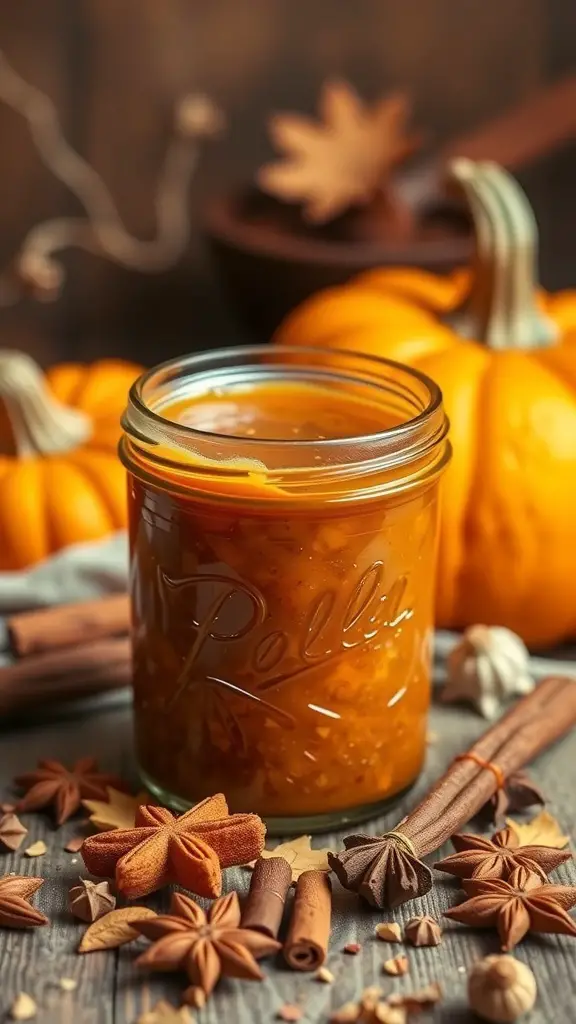 A jar of pumpkin spice jam surrounded by pumpkins and spices.