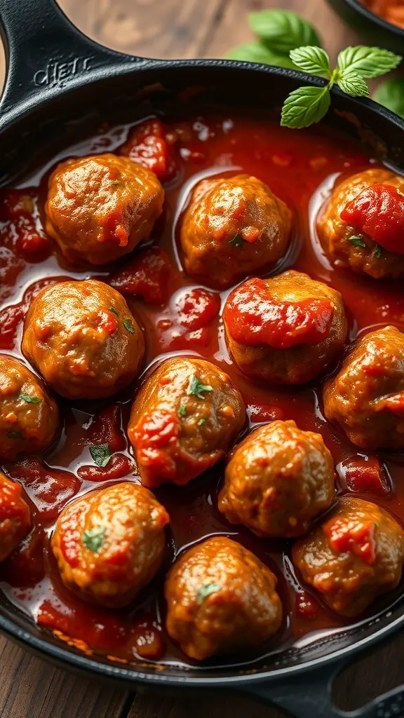 A skillet filled with mini meatballs in marinara sauce, garnished with fresh basil.
