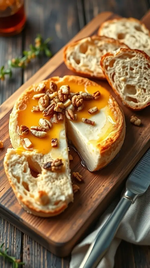 A baked Brie cheese topped with honey and nuts, served with slices of bread on a wooden board.