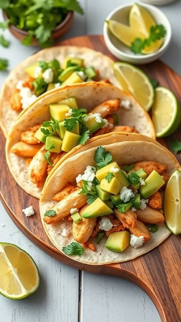 Three chicken tacos topped with avocado salsa on a wooden platter, with lime wedges and cilantro in the background.