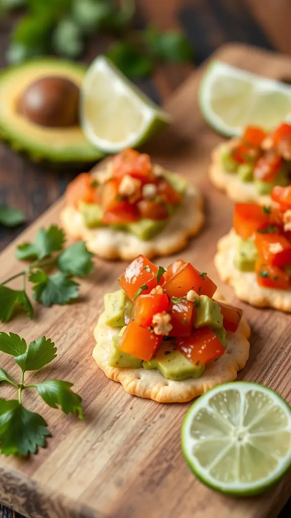 Crackers topped with spicy avocado and tomato salsa, garnished with lime and cilantro.