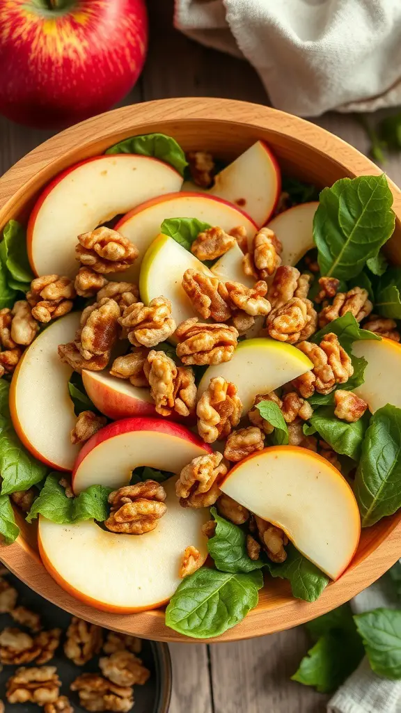 A bowl of spiced apple and walnut salad with fresh greens and apple slices.