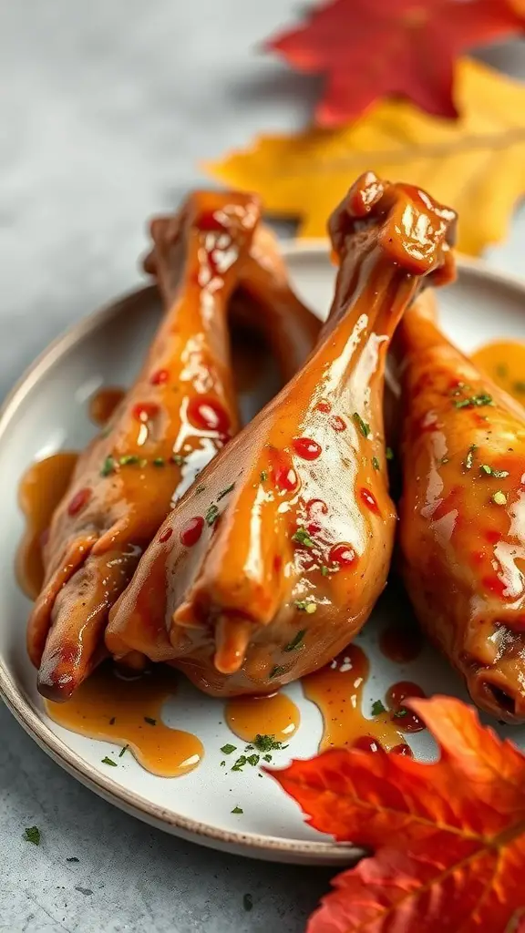 Maple mustard glazed turkey legs on a plate with autumn leaves in the background