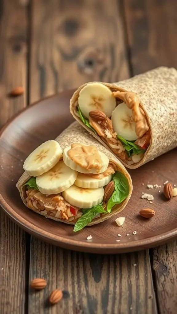 A delicious fruit and nut butter wrap with banana slices and spinach on a wooden plate.