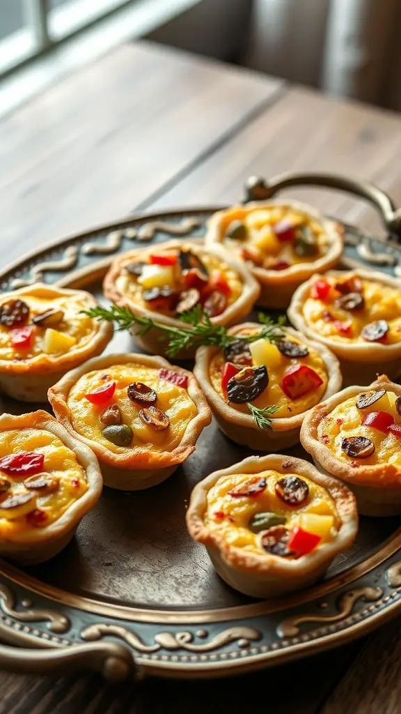 A platter of mini quiches filled with seasonal vegetables, showcasing a variety of colors and textures.