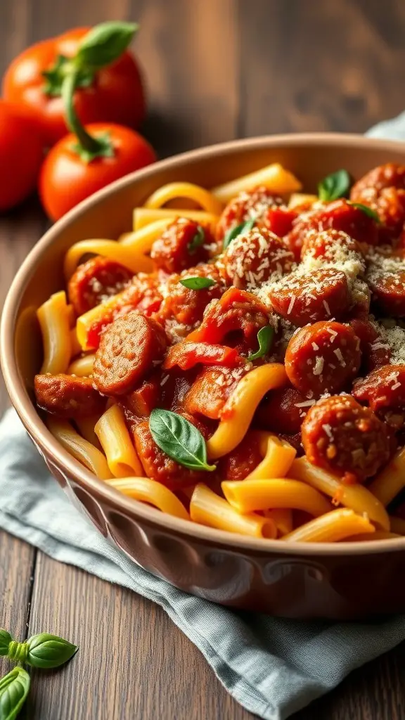 A bowl of cavatappi pasta with Italian sausage and peppers, topped with cheese and fresh basil.