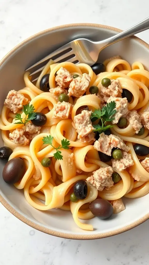 A bowl of ditalini pasta with tuna, capers, and olives garnished with parsley.