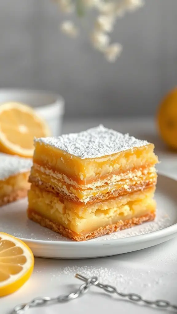 A close-up of layered Ritz Cracker Lemon Bars with powdered sugar and lemon slices.