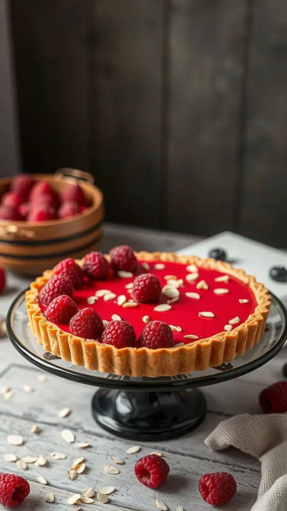 A Raspberry Almond Tart topped with fresh raspberries and sliced almonds on a black cake stand.