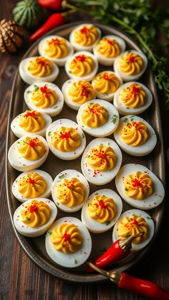 A platter of deviled eggs topped with yellow filling and red pepper flakes.