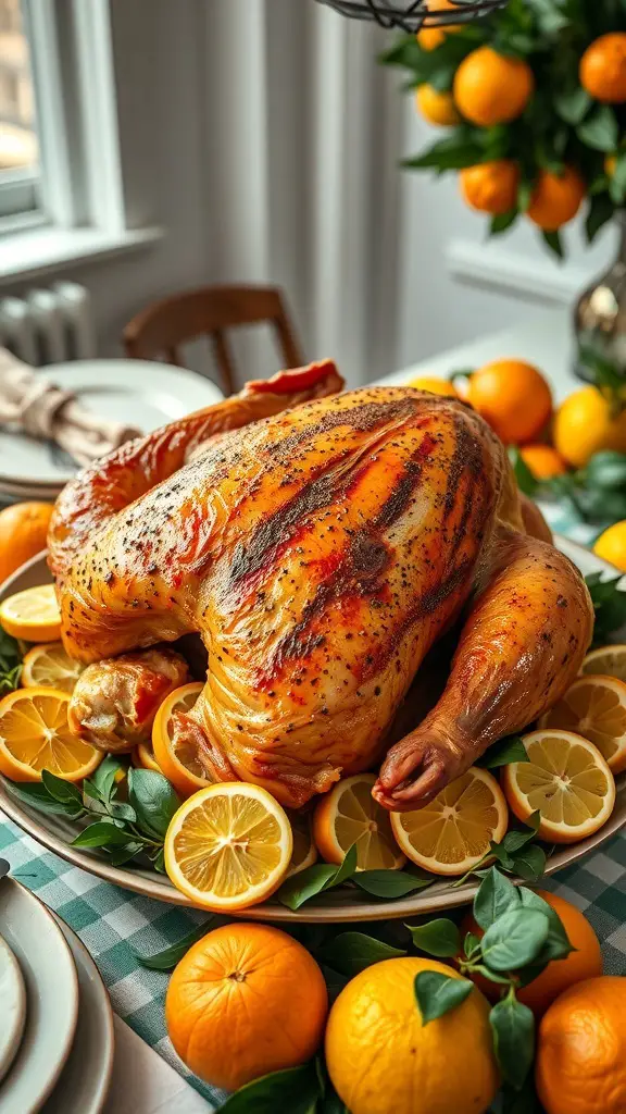 A roasted turkey surrounded by oranges and lemons on a festive table.