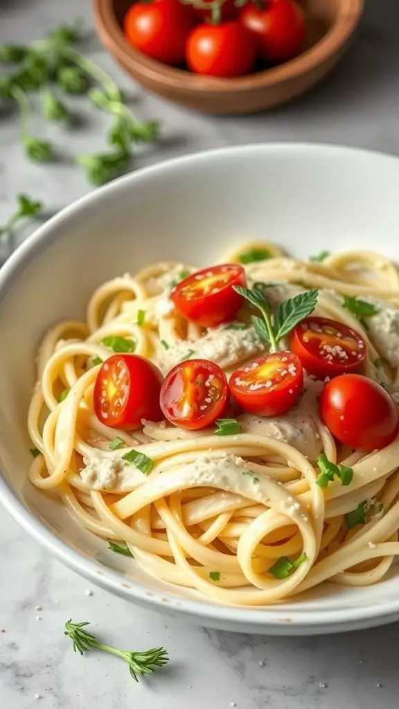 Bowl of zucchini noodles with creamy Alfredo sauce and cherry tomatoes
