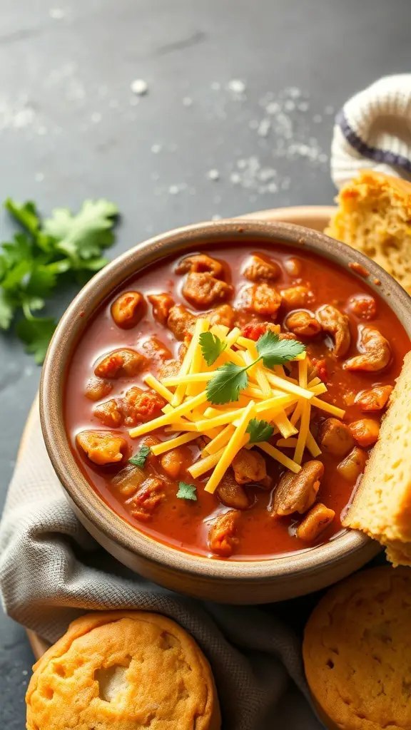 A bowl of spicy turkey chili topped with cheese and cilantro, served with cornbread.
