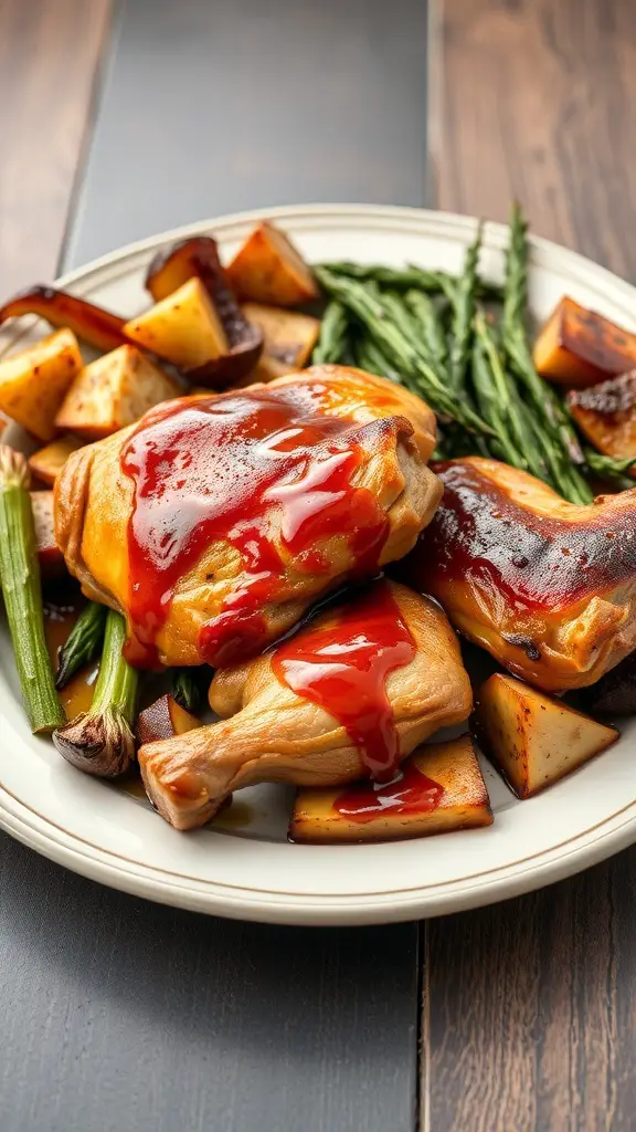 Plate of maple-glazed turkey thighs with roasted potatoes and green vegetables