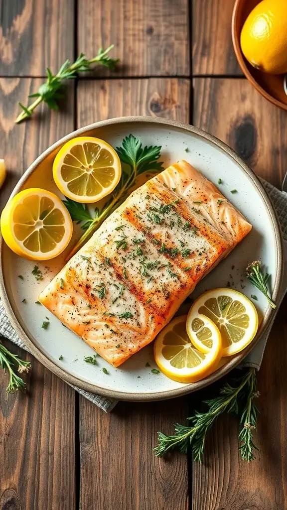 A plate of grilled salmon garnished with lemon slices and herbs on a wooden table.