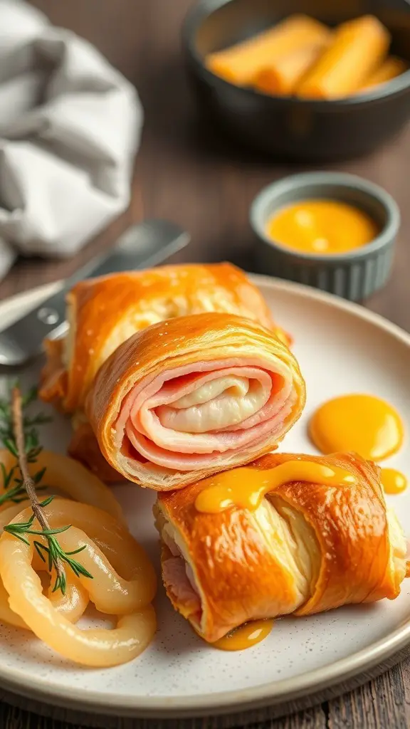 Delicious ham and cheese puff pastry rolls on a plate with a side of sauce.