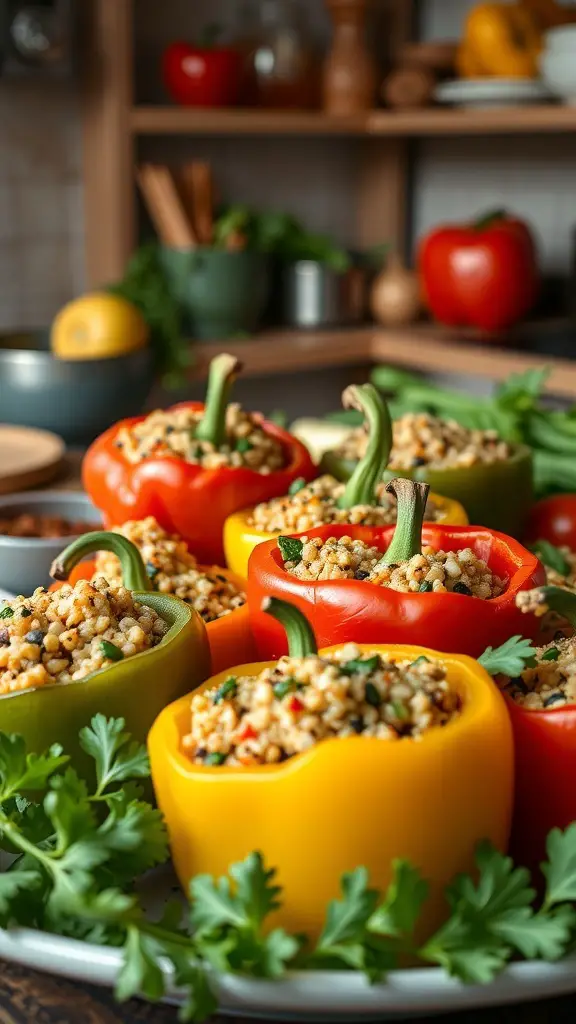Colorful vegetarian stuffed peppers filled with grains and vegetables, displayed on a plate.