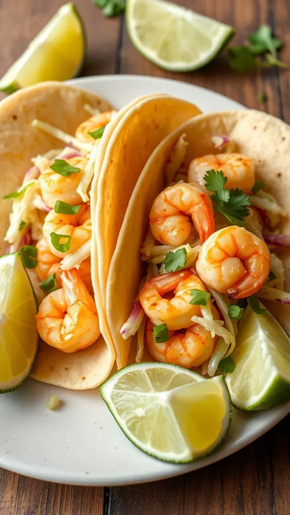 Shrimp tacos with cabbage slaw on a plate, garnished with lime wedges.
