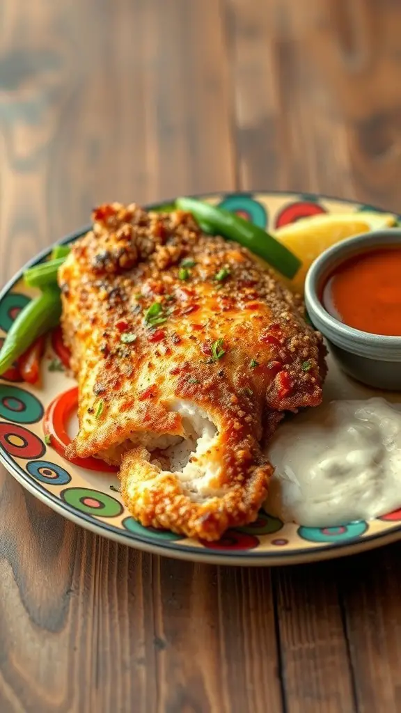 A plate of spicy Cajun fried tilapia with dipping sauces and lemon
