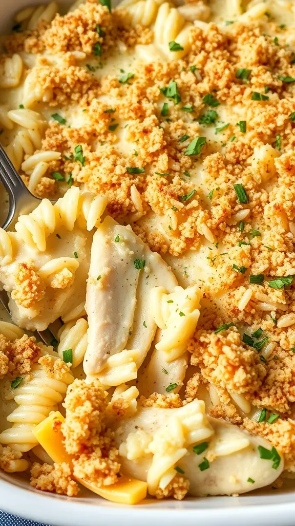 A creamy chicken and rice casserole topped with breadcrumbs and herbs.