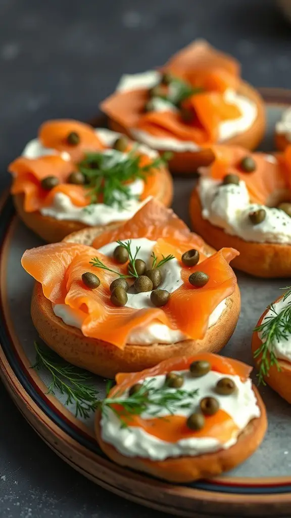 A platter of smoked salmon and cream cheese bagels topped with capers and fresh dill.