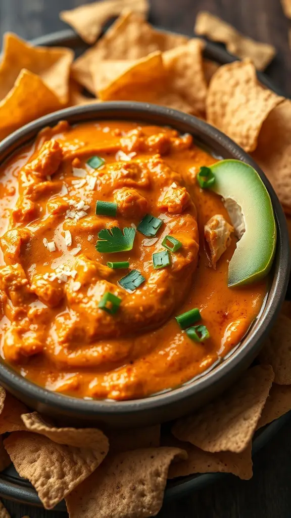 A bowl of buffalo chicken dip surrounded by tortilla chips, topped with green onions.