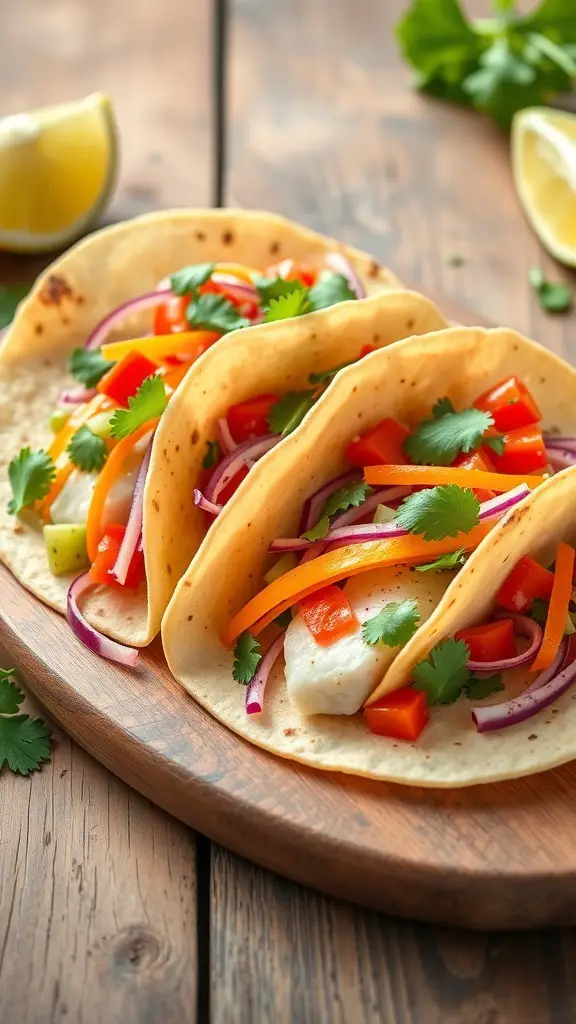 Three Mediterranean grilled fish tacos with colorful vegetables on a wooden platter.