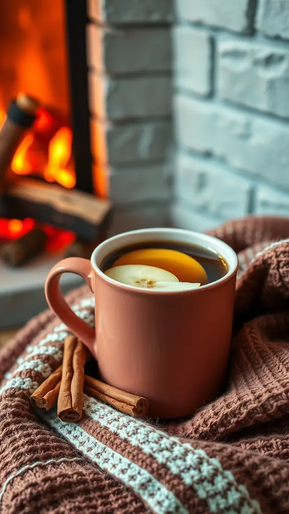 A cozy mug of spiced apple cider with cinnamon sticks and apple slices, set against a warm fireplace.