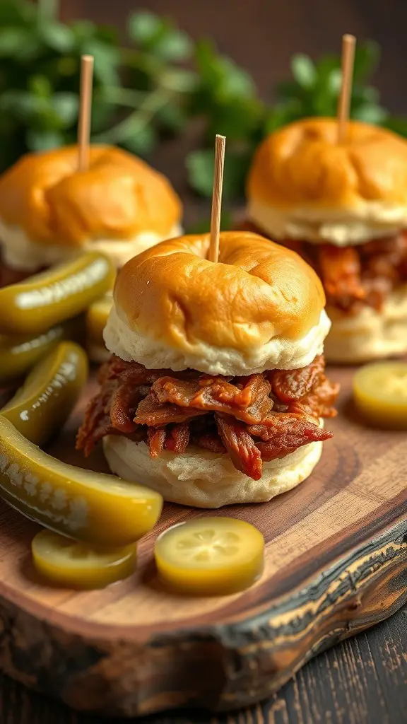 Biscuit sliders filled with pulled pork, served with pickles.