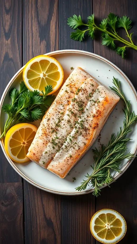 A plate of baked salmon garnished with lemon slices and fresh herbs.