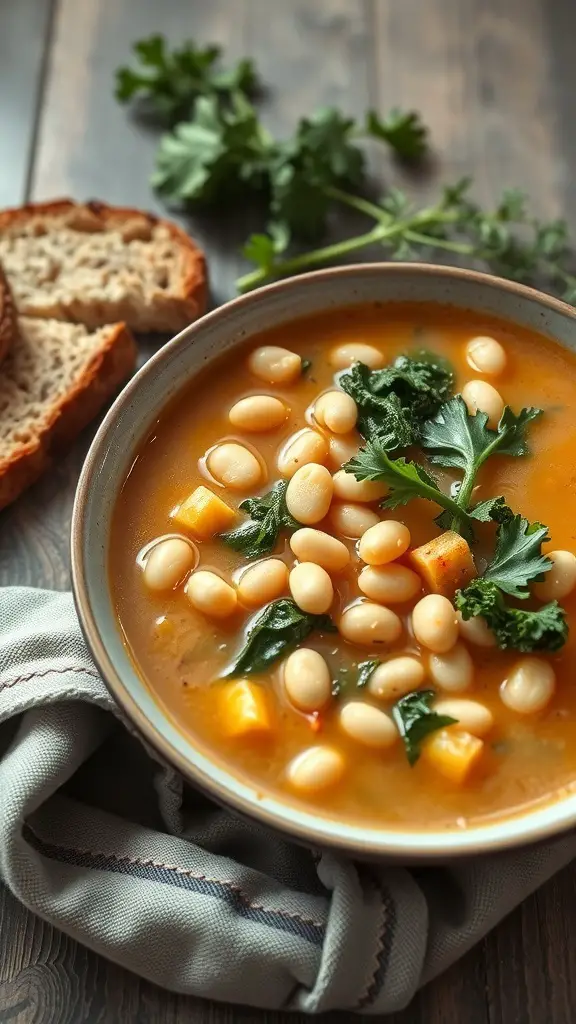 A bowl of Tuscan White Bean Soup with white beans, greens, and bread on the side.