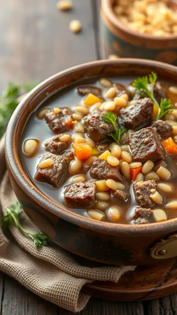 A bowl of beef and barley soup with chunks of beef, barley, and vegetables.
