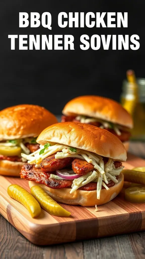 BBQ chicken tenderloin sandwiches with slaw and pickles on a wooden board