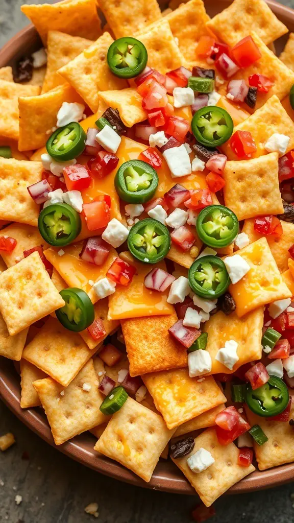 A plate of saltine cracker nachos topped with cheese, jalapeños, tomatoes, and onions.