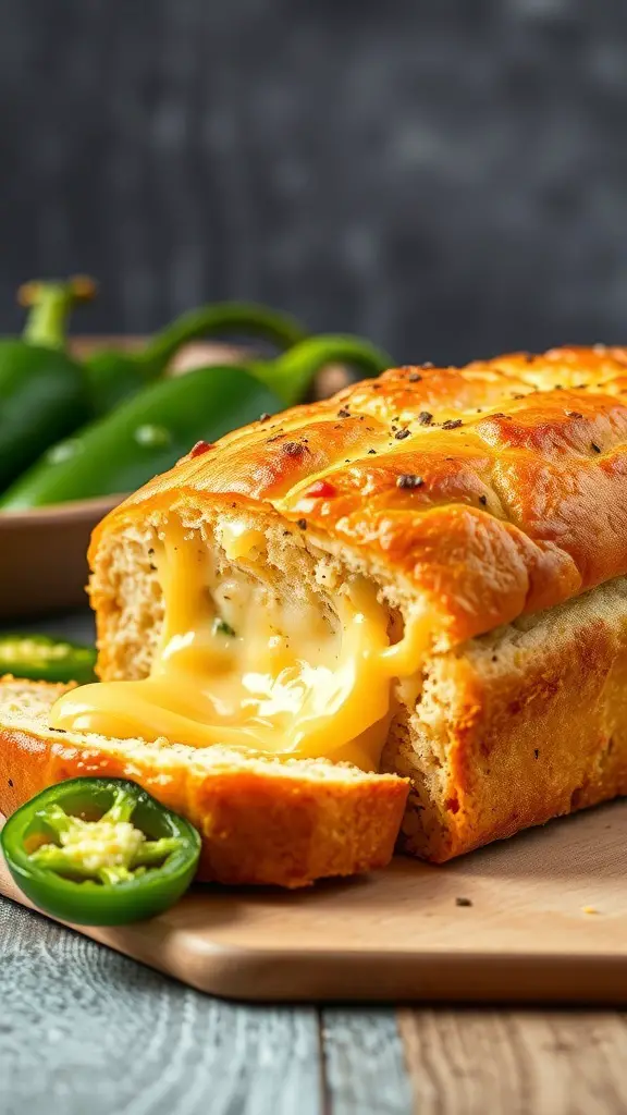 A loaf of Cheddar Jalapeño Bread with melted cheese and sliced jalapeños on a wooden board.