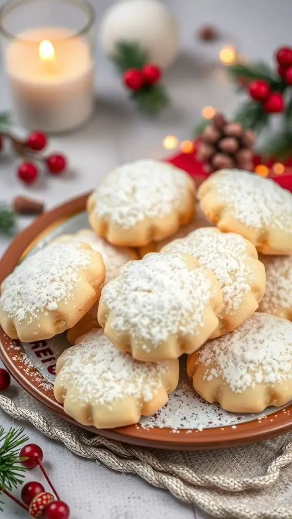 A plate of Ricciarelli cookies dusted with powdered sugar, surrounded by festive decorations.