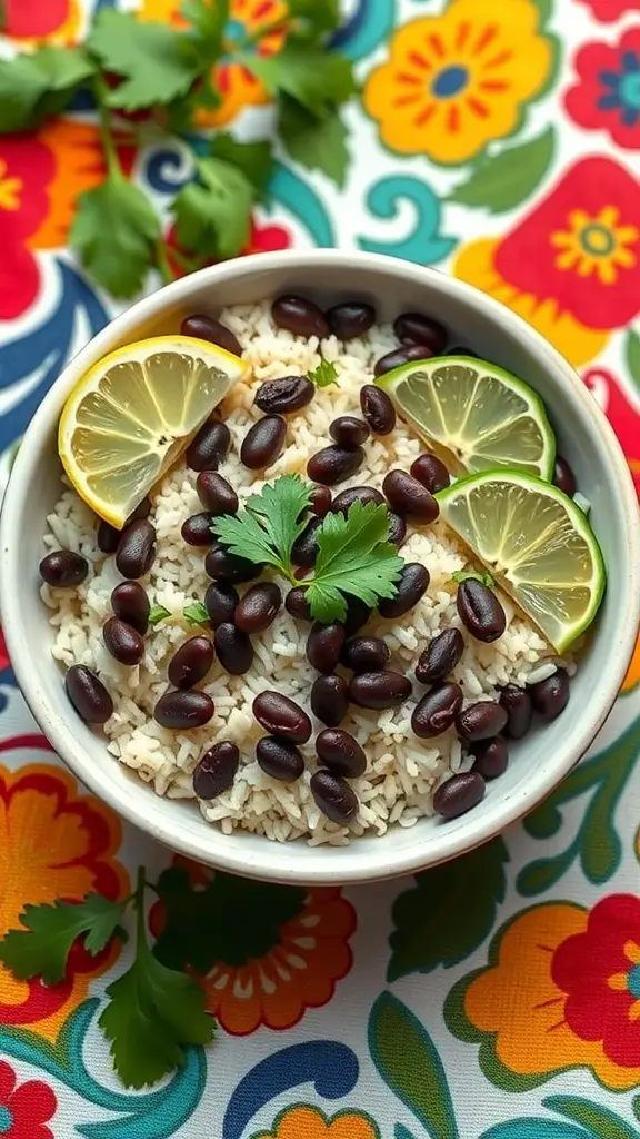 A bowl of cilantro lime rice topped with black beans and lime slices, set against a colorful floral background.