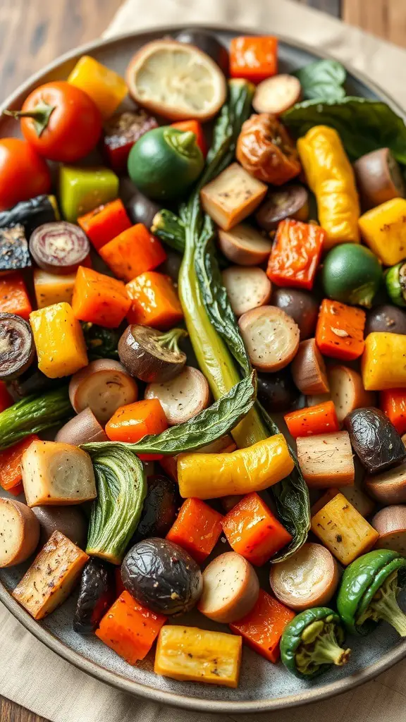 A colorful platter of roasted vegetables including bell peppers, eggplant, zucchini, carrots, and cherry tomatoes.